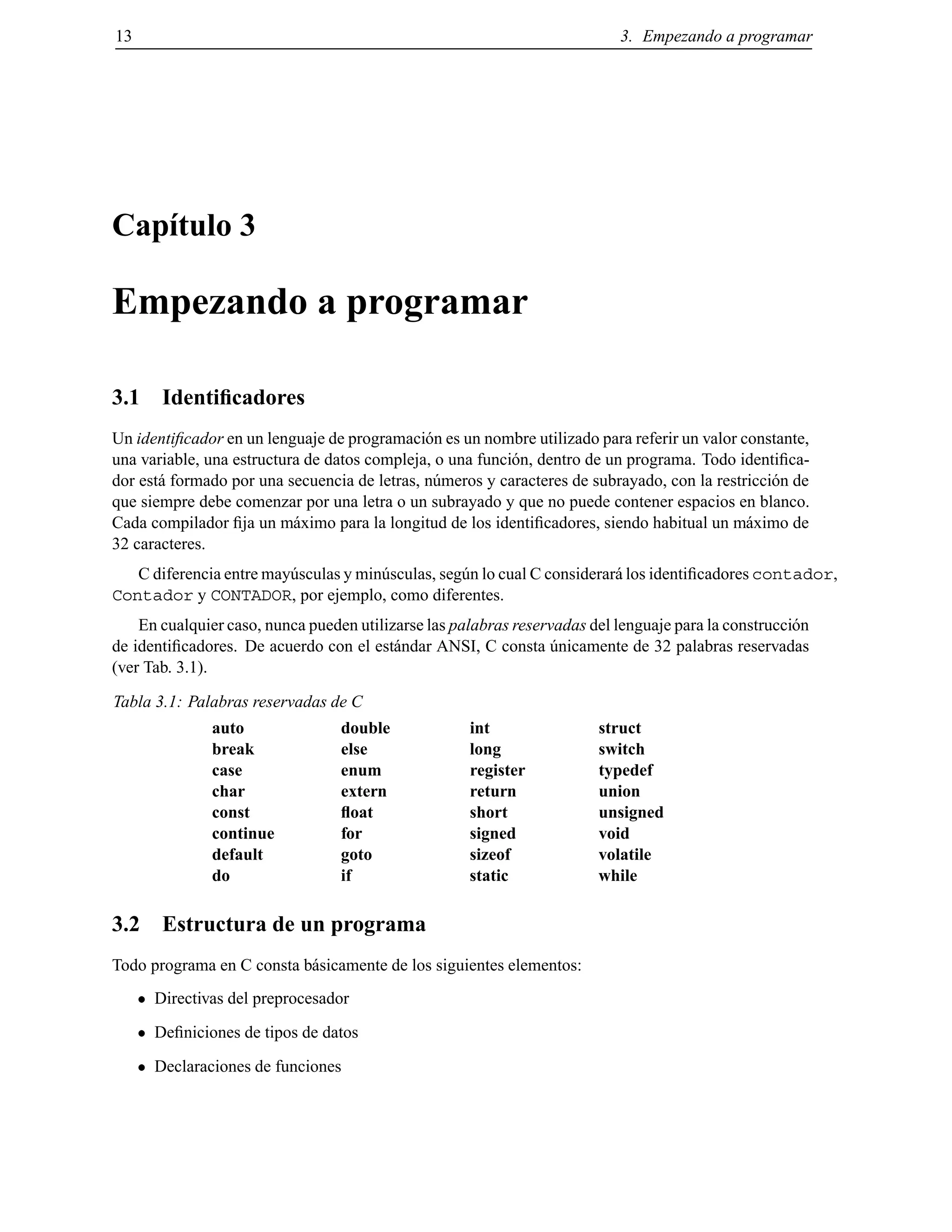 13 3. Empezando a programar
Cap´ıtulo 3
Empezando a programar
3.1 Identiﬁcadores
Un identiﬁcador en un lenguaje de programaci´on es un nombre utilizado para referir un valor constante,
una variable, una estructura de datos compleja, o una funci´on, dentro de un programa. Todo identiﬁca-
dor est´a formado por una secuencia de letras, n´umeros y caracteres de subrayado, con la restricci´on de
que siempre debe comenzar por una letra o un subrayado y que no puede contener espacios en blanco.
Cada compilador ﬁja un m´aximo para la longitud de los identiﬁcadores, siendo habitual un m´aximo de
32 caracteres.
C diferencia entre may´usculas y min´usculas, seg´un lo cual C considerar´a los identiﬁcadores contador,
Contador y CONTADOR, por ejemplo, como diferentes.
En cualquier caso, nunca pueden utilizarse las palabras reservadas del lenguaje para la construcci´on
de identiﬁcadores. De acuerdo con el est´andar ANSI, C consta ´unicamente de 32 palabras reservadas
(ver Tab. 3.1).
Tabla 3.1: Palabras reservadas de C
auto double int struct
break else long switch
case enum register typedef
char extern return union
const ﬂoat short unsigned
continue for signed void
default goto sizeof volatile
do if static while
3.2 Estructura de un programa
Todo programa en C consta b´asicamente de los siguientes elementos:
Directivas del preprocesador
Deﬁniciones de tipos de datos
Declaraciones de funciones
© Los autores, 2000; © Edicions UPC, 2000.
 