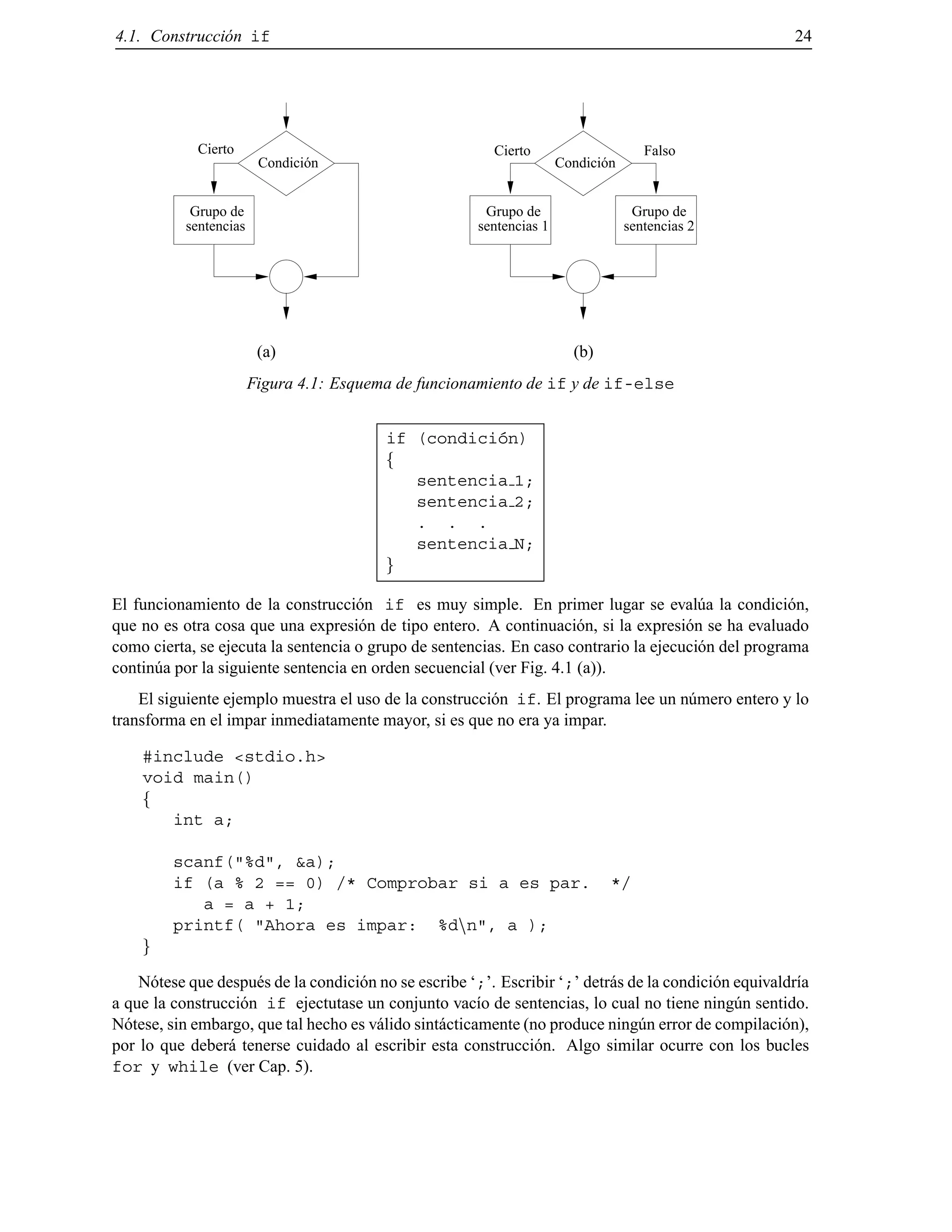 4.1. Construcci´on if 24
Condición
sentencias
Grupo de
Cierto
(a)
Condición
Grupo de Grupo de
sentencias 1 sentencias 2
FalsoCierto
(b)
Figura 4.1: Esquema de funcionamiento de if y de if-else
if (condici´on)
f
sentencia 1;
sentencia 2;
. . .
sentencia N;
g
El funcionamiento de la construcci´on if es muy simple. En primer lugar se eval´ua la condici´on,
que no es otra cosa que una expresi´on de tipo entero. A continuaci´on, si la expresi´on se ha evaluado
como cierta, se ejecuta la sentencia o grupo de sentencias. En caso contrario la ejecuci´on del programa
contin´ua por la siguiente sentencia en orden secuencial (ver Fig. 4.1 (a)).
El siguiente ejemplo muestra el uso de la construcci´on if. El programa lee un n´umero entero y lo
transforma en el impar inmediatamente mayor, si es que no era ya impar.
#include <stdio.h>
void main()
f
int a;
scanf("%d", &a);
if (a % 2 == 0) /* Comprobar si a es par. */
a = a + 1;
printf( "Ahora es impar: %dnn", a );
g
N´otese que despu´es de la condici´on no se escribe ‘;’. Escribir ‘;’ detr´as de la condici´on equivaldr´ıa
a que la construcci´on if ejectutase un conjunto vac´ıo de sentencias, lo cual no tiene ning´un sentido.
N´otese, sin embargo, que tal hecho es v´alido sint´acticamente (no produce ning´un error de compilaci´on),
por lo que deber´a tenerse cuidado al escribir esta construcci´on. Algo similar ocurre con los bucles
for y while (ver Cap. 5).
© Los autores, 2000; © Edicions UPC, 2000.
 