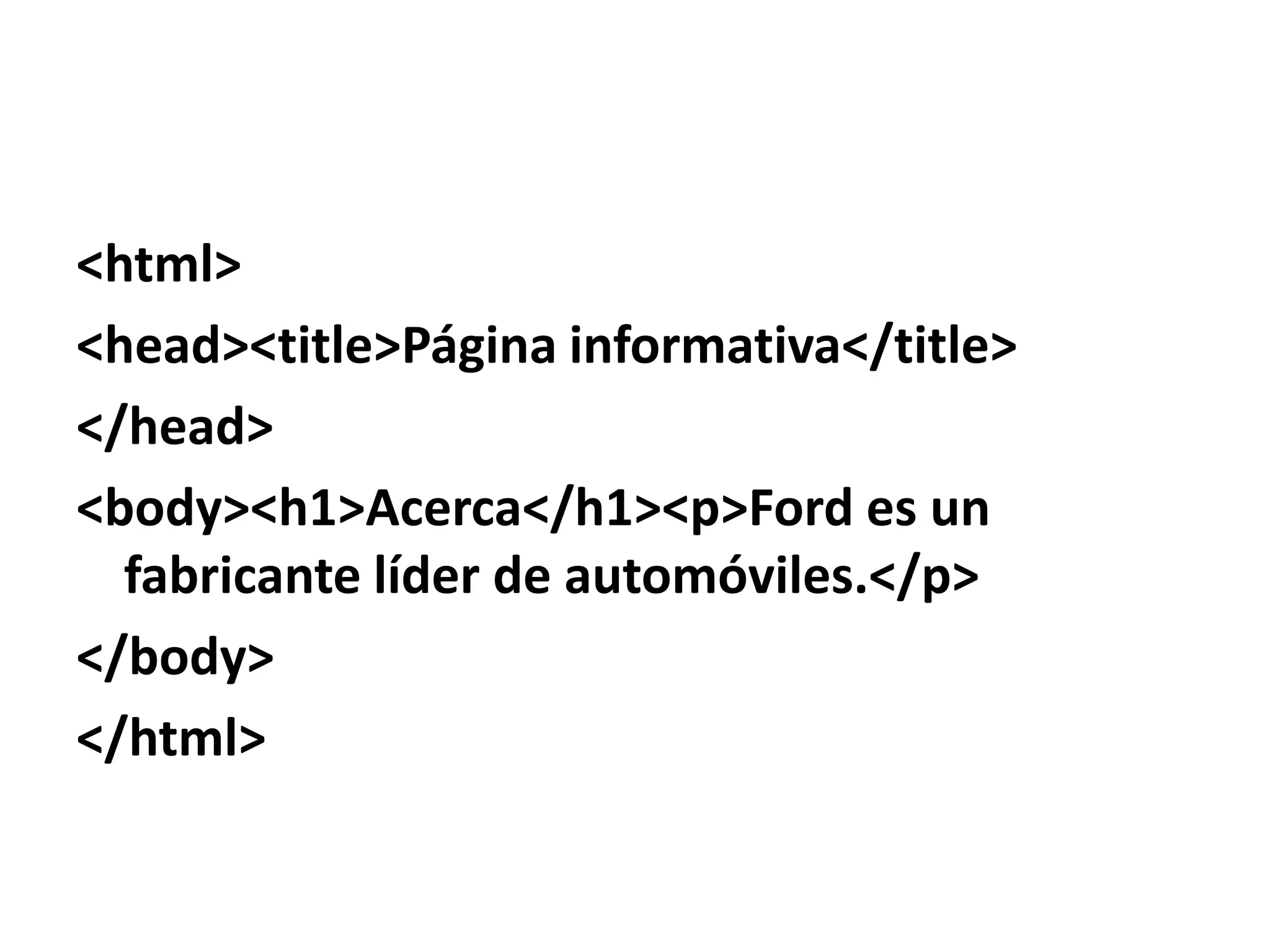 <html>
<head><title>Página informativa</title>
</head>
<body><h1>Acerca</h1><p>Ford es un
fabricante líder de automóviles.</p>
</body>
</html>

 