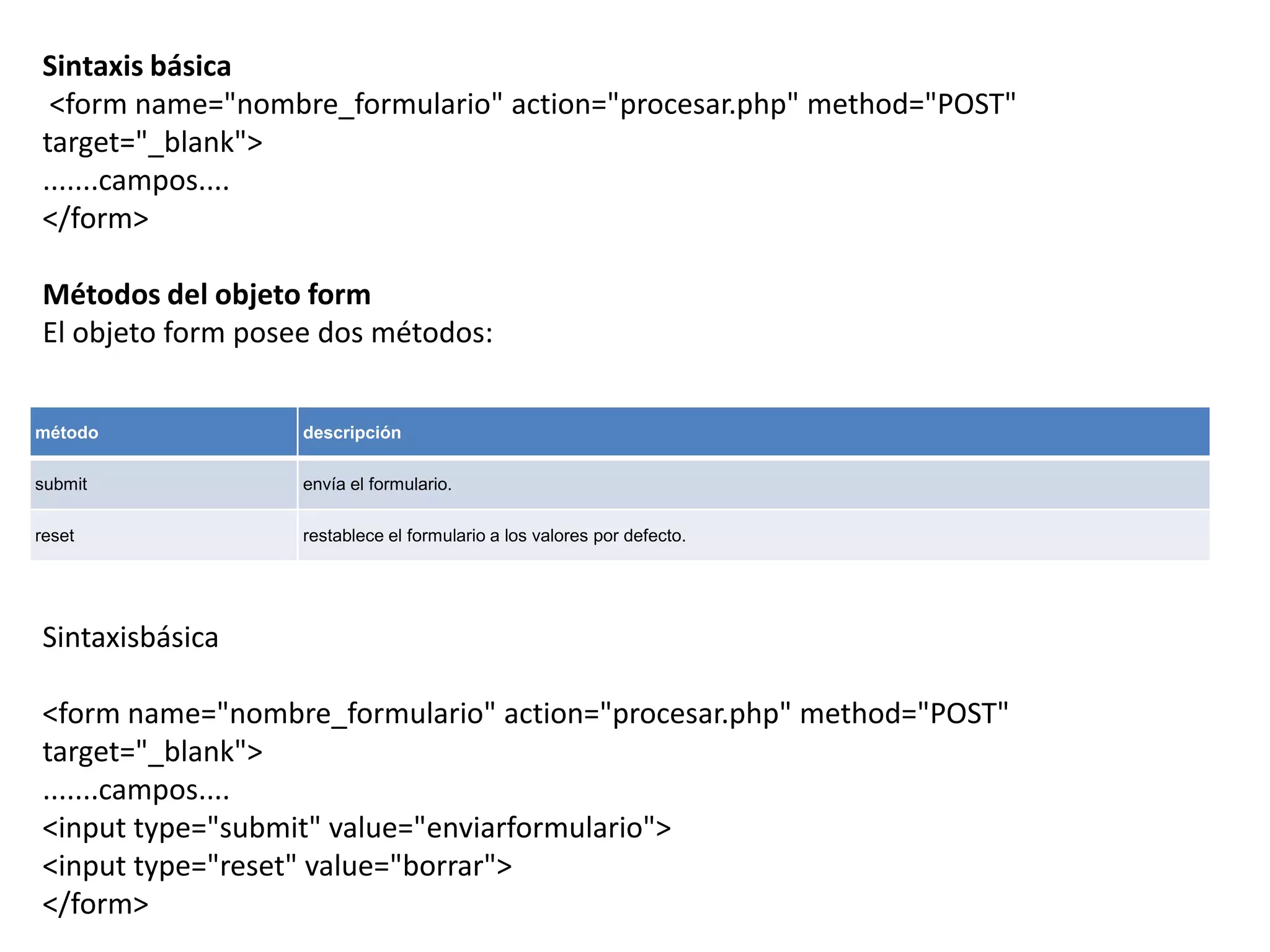 Sintaxis básica
<form name="nombre_formulario" action="procesar.php" method="POST"
target="_blank">
.......campos....
</form>
Métodos del objeto form
El objeto form posee dos métodos:
método

descripción

submit

envía el formulario.

reset

restablece el formulario a los valores por defecto.

Sintaxisbásica
<form name="nombre_formulario" action="procesar.php" method="POST"
target="_blank">
.......campos....
<input type="submit" value="enviarformulario">
<input type="reset" value="borrar">
</form>

 