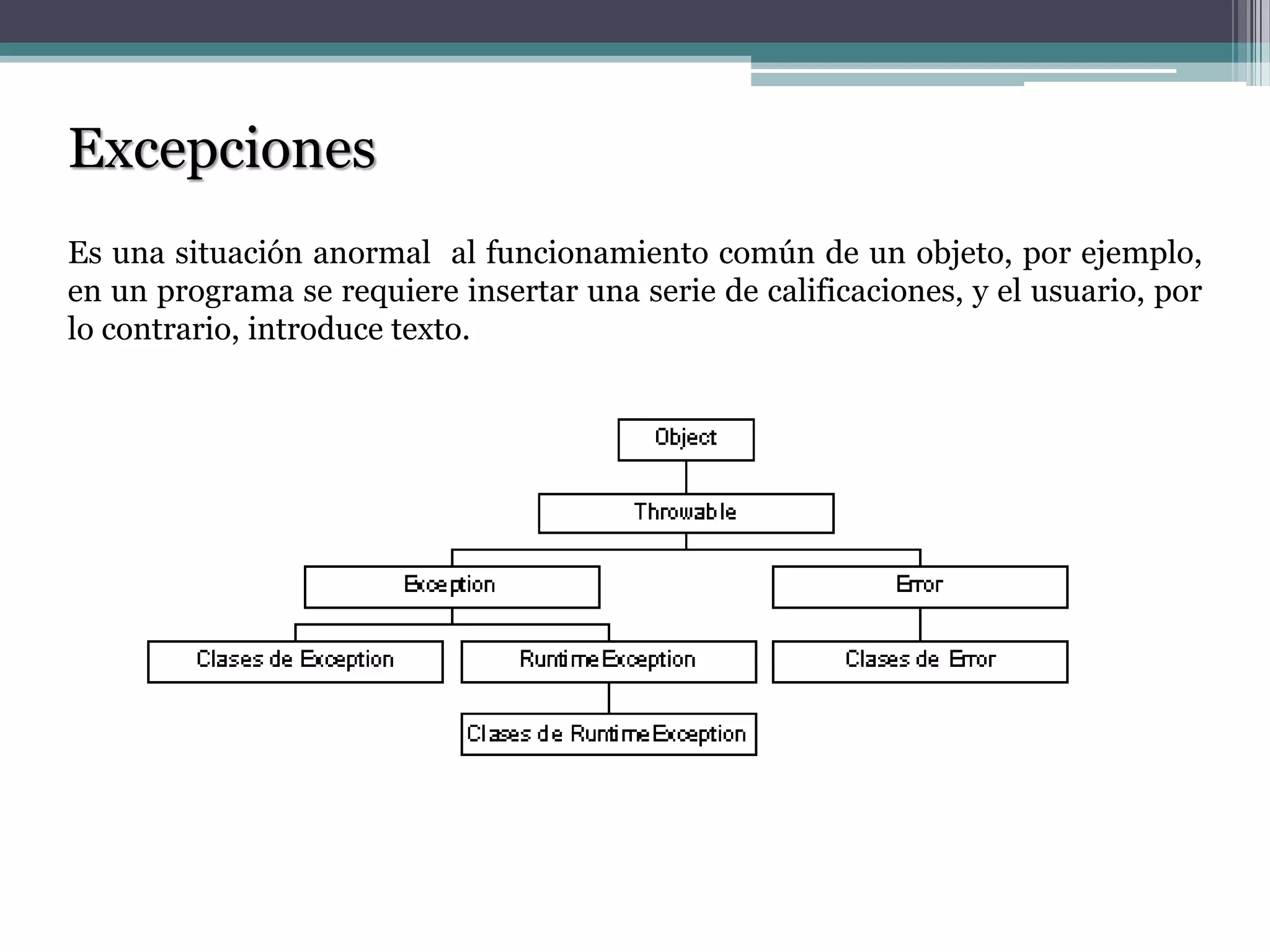 Excepciones
Es una situación anormal al funcionamiento común de un objeto, por ejemplo,
en un programa se requiere insertar una serie de calificaciones, y el usuario, por
lo contrario, introduce texto.
 