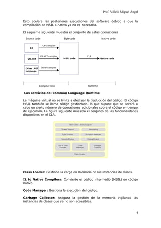 Prof. Villelli Miguel Ángel
Esto acelera las posteriores ejecuciones del software debido a que la
compilación de MSIL a nativo ya no es necesaria.
El esquema siguiente muestra el conjunto de estas operaciones:
Los servicios del Common Language Runtime
La máquina virtual no se limita a efectuar la traducción del código. El código
MSIL también se llama código gestionado, lo que supone que se llevará a
cabo un cierto número de operaciones adicionales sobre el código en tiempo
de ejecución. La figura siguiente muestra el conjunto de las funcionalidades
disponibles en el CLR.
Class Loader: Gestiona la carga en memoria de las instancias de clases.
IL to Native Compilers: Convierte el código intermedio (MSIL) en código
nativo.
Code Manager: Gestiona la ejecución del código.
Garbage Collector: Asegura la gestión de la memoria vigilando las
instancias de clases que ya no son accesibles.
4
 