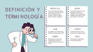 DEFINICIÓN Y
TERMI NOLOGÍ A
PROTESIS FIJA MUÑÓN
PILAR PÓNTICO
Es la sustitución delas piezas
quefaltan o están en muy mal
estado,mediantecoronas
(fundas) o puentes fijados a
piezas naturales o implantes.
Es la reconstrucción dela raíz
del dientecon sistemas
metálicos,para quepueda ser
utilizado como sujeción o pilar
deun puenteo una corona.
Es el dientequeseutiliza como Es el dienteartificial quese
elemento deunión para una PPF
CORONA
Restauración extracoronaria
cementada querecubre la
superficieexterna dela corona
clínica
sustenta en los dientes pilares
ONLAY
restauración decubrimiento
oclusal intracoronaria
 