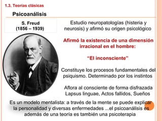 1.3. Teorías clásicas
Psicoanálisis
S. Freud
(1856 – 1939)
Estudio neuropatologías (histeria y
neurosis) y afirmó su origen psicológico
Afirmó la existencia de una dimensión
irracional en el hombre:
“El inconsciente”
Constituye los procesos fundamentales del
psiquismo. Determinado por los instintos
Aflora al consciente de forma disfrazada
Lapsus linguae, Actos fallidos, Sueños
Es un modelo mentalista: a través de la mente se puede explicar
la personalidad y diversas enfermedades ...el psicoanálisis es
además de una teoría es también una psicoterapia
 
