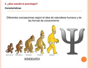 2. ¿Que estudia la psicología?
Características
Diferentes concepciones según la idea de naturaleza humana y de
las formas de conocimiento
 