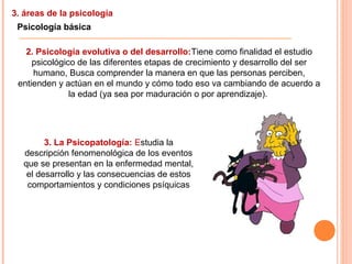 3. áreas de la psicología
Psicología básica
2. Psicología evolutiva o del desarrollo:Tiene como finalidad el estudio
psicológico de las diferentes etapas de crecimiento y desarrollo del ser
humano, Busca comprender la manera en que las personas perciben,
entienden y actúan en el mundo y cómo todo eso va cambiando de acuerdo a
la edad (ya sea por maduración o por aprendizaje).
3. La Psicopatología: Estudia la
descripción fenomenológica de los eventos
que se presentan en la enfermedad mental,
el desarrollo y las consecuencias de estos
comportamientos y condiciones psíquicas
 