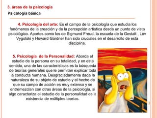 3. áreas de la psicología
Psicología básica
4. Psicología del arte: Es el campo de la psicología que estudia los
fenómenos de la creación y de la percepción artística desde un punto de vista
psicológico. Aportes como los de Sigmund Freud, la escuela de la Gestalt , Lev
Vygotski y Howard Gardner han sido cruciales en el desarrollo de esta
disciplina.
5. Psicología de la Personalidad: Aborda el
estudio de la persona en su totalidad, y en este
sentido, una de las características es la búsqueda
de teorías generales que le permitan explicar toda
la conducta humana. Desgraciadamente dada la
naturaleza de su objeto de estudio y el hecho de
que su campo de acción es muy extenso y se
entremezclan con otras áreas de la psicología, si
algo caracteriza el estudio de la personalidad es la
existencia de múltiples teorías.
 