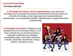 3. áreas de la psicología
Psicología aplicada
4. Psicología del trabajo y de las organizaciones: Es el área de la
psicología que se encarga de estudiar el comportamiento del ser humano en
el mundo del trabajo y de las organizaciones, fundamentalmente
empresariales, aun incluyéndose también organizaciones no gubernamentales
o asociaciones.
5. Psicología comunitaria: Trabajan con los
pobladores de una comunidad urbana o rural
para el estudio de sus recursos humanos y
materiales, facilitando que satisfagan
necesidades vitales como salud, educación,
vivienda, salubridad, alimentación, trabajo,
deporte, recreación y otros.
 