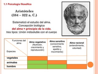 1.1 Psicología filosófica
Aristóteles
(384 – 322 a. C.)
Sistematizó el estudio del alma.
Concepción biológica
del alma = principio de la vida.
tres tipos: Unión indisoluble con el cuerpo
vegetales
animales
hombre
Alma vegetativa
(Nutrición,
crecimiento y
reproducción)
Alma sensitiva
(conocimiento
sensitivo,
apetito y
movimiento)
Alma racional
(entendimiento,
voluntad)
Funciones del
alma
Especies
 