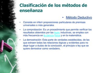 Clasificación de los métodos de enseñanzaMétodo DeductivoConsiste en inferir proposiciones particulares de premisas universales o más generalesLa comprobación: Es un procedimiento que permite verificar los resultados obtenidos por las leyes inductivas, se emplea con más frecuencia en la ciencia física y en la matemática.La demostración: Esta parte de verdades establecidas, de las que extraen todas las relaciones lógicas y evidentes para no dejar lugar a dudas de la conclusión, el principio o ley que se quiere demostrar como verdadero. 