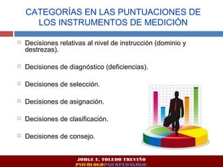 CATEGORÍAS EN LAS PUNTUACIONES DE 
LOS INSTRUMENTOS DE MEDICIÓN 
 Decisiones relativas al nivel de instrucción (dominio y 
destrezas). 
 Decisiones de diagnóstico (deficiencias). 
 Decisiones de selección. 
 Decisiones de asignación. 
 Decisiones de clasificación. 
 Decisiones de consejo. 
JORGE E. TOLEDO TREVIÑO 
PSICÓLOGOPSICOPEDAGOGO 
 