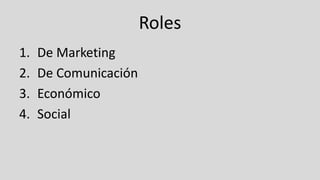 Roles
1. De Marketing
2. De Comunicación
3. Económico
4. Social
 