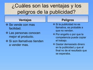 ¿Cuáles son las ventajas y los
peligros de la publicidad?
Ventajas
 Se vende con mas
facilidad.
 Las personas conocen
mejor el producto.
 Si son llamativas tienden
a vender mas.
Peligros
 Si la publicidad no es
llamativa, es probable a
que no vendan.
 Por engaño o por que la
competencia puede copiar
el trabajo.
 Gastar demasiado dinero
en la publicidad y que al
final no de el resultado que
se esperaba.
 