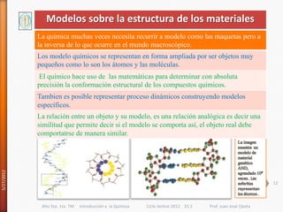 Modelos sobre la estructura de los materiales
            La química muchas veces necesita recurrir a modelo como las maquetas pero a
            la inversa de lo que ocurre en el mundo macroscópico.
            Los modelo químicos se representan en forma ampliada por ser objetos muy
            pequeños como lo son los átomos y las moléculas.
            El químico hace uso de las matemáticas para determinar con absoluta
            precisión la conformación estructural de los compuestos químicos.
            Tambien es posible representar proceso dinámicos construyendo modelos
            específicos.
            La relación entre un objeto y su modelo, es una relación analógica es decir una
            similitud que permite decir si el modelo se comporta así, el objeto real debe
            comportatrse de manera similar.
5/27/2012




                                                                                                              12



             Año 5to. 1ra. TM   Introducción a la Química   Ciclo lectivo 2012 ES 2   Prof. Juan José Ojeda
 