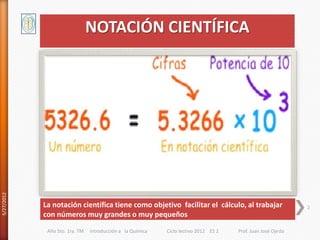 NOTACIÓN CIENTÍFICA
5/27/2012




            La notación científica tiene como objetivo facilitar el cálculo, al trabajar                      2
            con números muy grandes o muy pequeños
             Año 5to. 1ra. TM   introducción a la Química   Ciclo lectivo 2012 ES 2   Prof. Juan José Ojeda
 