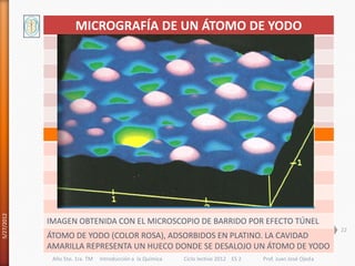MICROGRAFÍA DE UN ÁTOMO DE YODO
5/27/2012




            IMAGEN OBTENIDA CON EL MICROSCOPIO DE BARRIDO POR EFECTO TÚNEL
                                                                                                              22
            ÁTOMO DE YODO (COLOR ROSA), ADSORBIDOS EN PLATINO. LA CAVIDAD
            AMARILLA REPRESENTA UN HUECO DONDE SE DESALOJO UN ÁTOMO DE YODO
             Año 5to. 1ra. TM   Introducción a la Química   Ciclo lectivo 2012 ES 2   Prof. Juan José Ojeda
 