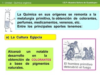I - Unidad : Química orgánica            I.E.P «Nuestra Señora de Guadalupe»




              La Química en sus orígenes se remonta a la
              metalurgia primitiva, la obtención de colorantes,
              perfumes, medicamentos, venenos, etc.
              Entre los principales aportes tenemos:




     Alcanzó    un    notable
     desarrollo    en     la
     obtención de COLORANTES
      a base de pigmentos
     naturales.
 