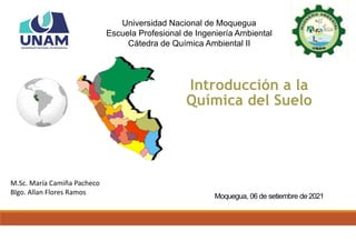 Introducción a la
Química del Suelo
Moquegua, 06 de setiembre de 2021
Universidad Nacional de Moquegua
Escuela Profesional de Ingeniería Ambiental
Cátedra de Química Ambiental II
M.Sc. María Camiña Pacheco
Blgo. Allan Flores Ramos
 