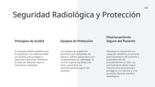 Seguridad Radiológica y Protección
Principios de ALARA Equipos de Protección
Posicionamiento
Seguro del Paciente
El principio ALARA establece que
la exposición a la radiación debe
ser mínima para proteger a
pacientes y personal. Mantener
la dosis de radiación baja es
esencial en radiología.
Los equipos de protección
personal como delantales de
plomo y collares protectores son
fundamentales en radiología. Es
crucial respetar los límites de
dosis y garantizar un
posicionamiento seguro del
paciente.
Minimizar la exposición a la
radiación mediante un correcto
posicionamiento del paciente y
la planificación de
procedimientos es vital. Los
quiroprácticos deben seguir
estrictas precauciones para
protegerse a sí mismos y a los
pacientes durante estudios
radiológicos.
 