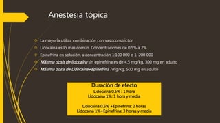 Anestesia tópica 
 La mayoría utiliza combinación con vasoconstrictor 
 Lidocaína es lo mas común. Concentraciones de 0.5% a 2% 
 Epinefrina en solución, a concentración 1:100 000 o 1: 200 000 
 Máxima dosis de lidocaína sin epinefrina es de 4.5 mg/kg, 300 mg en adulto 
 Máxima dosis de Lidocaina+Epinefrina 7mg/kg, 500 mg en adulto 
Duración de efecto 
Lidocaína 0.5% : 1 hora 
Lidocaina 1%: 1 hora y media 
Lidocaina 0.5% +Epinefrina: 2 horas 
Lidocaina 1%+Epinefrina: 3 horas y media 
 