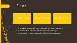 Cirugía 
Septum nasal Punta nasal Dorso nasal 
 En la mayoria se realiza primero septumplastia para lograr nariz central 
 Posteriormente, el orden depende de la preferencia del cirujano. 
 El orden lógico es: dorso, osteotomías, refinamiento de punta nasal 
 