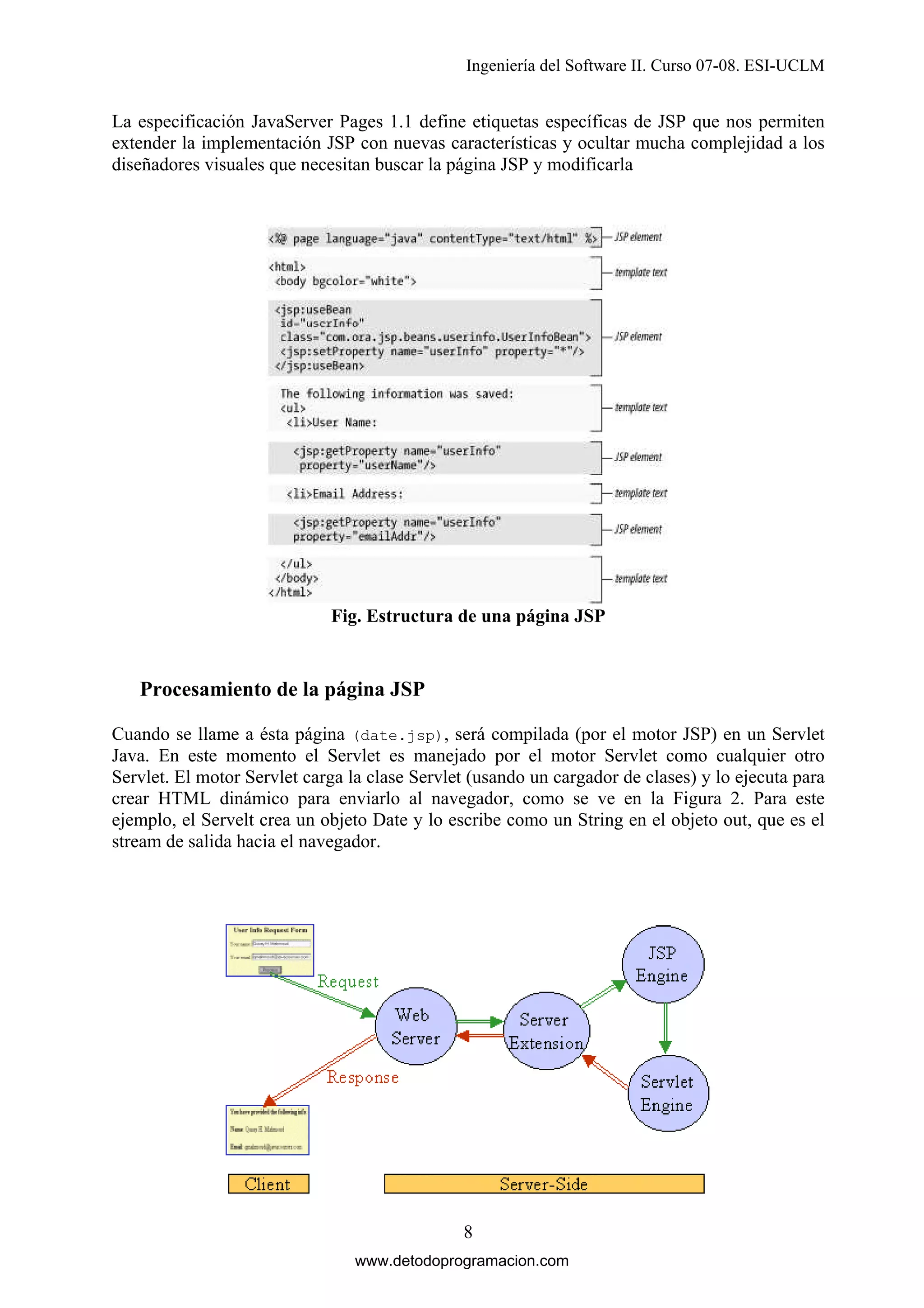 Ingeniería del Software II. Curso 07-08. ESI-UCLM

La especificación JavaServer Pages 1.1 define etiquetas específicas de JSP que nos permiten
extender la implementación JSP con nuevas características y ocultar mucha complejidad a los
diseñadores visuales que necesitan buscar la página JSP y modificarla

Fig. Estructura de una página JSP

Procesamiento de la página JSP
Cuando se llame a ésta página (date.jsp), será compilada (por el motor JSP) en un Servlet
Java. En este momento el Servlet es manejado por el motor Servlet como cualquier otro
Servlet. El motor Servlet carga la clase Servlet (usando un cargador de clases) y lo ejecuta para
crear HTML dinámico para enviarlo al navegador, como se ve en la Figura 2. Para este
ejemplo, el Servelt crea un objeto Date y lo escribe como un String en el objeto out, que es el
stream de salida hacia el navegador.

8
www.detodoprogramacion.com

 
