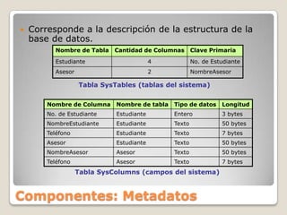 Corresponde a la descripción de la estructura de la base de datos.  Tabla SysTables (tablas del sistema)Tabla SysColumns (campos del sistema)Componentes: Metadatos