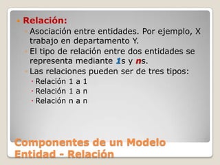 Componentes de un Modelo Entidad - RelaciónRelación:Asociación entre entidades. Por ejemplo, X trabajo en departamento Y.El tipo de relación entre dos entidades se representa mediante 1s y ns.Las relaciones pueden ser de tres tipos: Relación 1 a 1 Relación 1 a nRelación n a n
