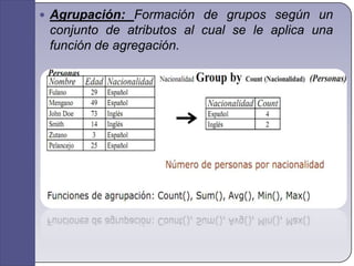 Agrupación: Formación de grupos según un conjunto de atributos al cual se le aplica una función de agregación.