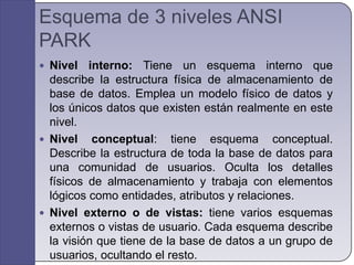 Esquema de 3 niveles ANSI PARKNivel interno: Tiene un esquema interno que describe la estructura física de almacenamiento de base de datos. Emplea un modelo físico de datos y los únicos datos que existen están realmente en este nivel.Nivel conceptual: tiene esquema conceptual. Describe la estructura de toda la base de datos para una comunidad de usuarios. Oculta los detalles físicos de almacenamiento y trabaja con elementos lógicos como entidades, atributos y relaciones.Nivel externo o de vistas: tiene varios esquemas externos o vistas de usuario. Cada esquema describe la visión que tiene de la base de datos a un grupo de usuarios, ocultando el resto.