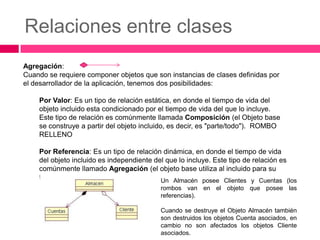 Relaciones entre clases
Agregación:
Cuando se requiere componer objetos que son instancias de clases definidas por
el desarrollador de la aplicación, tenemos dos posibilidades:

    Por Valor: Es un tipo de relación estática, en donde el tiempo de vida del
    objeto incluido esta condicionado por el tiempo de vida del que lo incluye.
    Este tipo de relación es comúnmente llamada Composición (el Objeto base
    se construye a partir del objeto incluido, es decir, es "parte/todo"). ROMBO
    RELLENO

    Por Referencia: Es un tipo de relación dinámica, en donde el tiempo de vida
    del objeto incluido es independiente del que lo incluye. Este tipo de relación es
    comúnmente llamado Agregación (el objeto base utiliza al incluido para su
    funcionamiento).                       Un Almacén posee Clientes y Cuentas (los
                                          rombos van en el objeto que posee las
                                          referencias).

                                          Cuando se destruye el Objeto Almacén también
                                          son destruidos los objetos Cuenta asociados, en
                                          cambio no son afectados los objetos Cliente
                                          asociados.
 