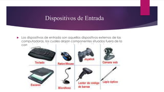 Dispositivos de Entrada
 Los dispositivos de entrada son aquellos dispositivos externos de las
computadoras, los cuales alojan componentes situados fuera de la
computadoras a las que pueden dar información o instrucciones.
 