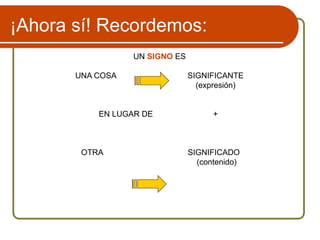 ¡Ahora sí! Recordemos:
UN SIGNO ES
UNA COSA SIGNIFICANTE
(expresión)
EN LUGAR DE +
OTRA SIGNIFICADO
(contenido)
 