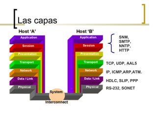 Las capas RS-232, SONET HDLC, SLIP, PPP IP, ICMP,ARP,ATM. TCP, UDP, AAL5 SNM,SMTP,NNTP,HTTP 