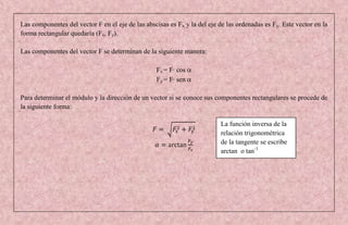 Las componentes del vector F en el eje de las abscisas es Fx y la del eje de las ordenadas es Fy. Este vector en la
forma rectangular quedaría (Fx, Fy).

Las componentes del vector F se determinan de la siguiente manera:

                                                  Fx = F∙ cos
                                                  Fy = F∙ sen

Para determinar el módulo y la dirección de un vector si se conoce sus componentes rectangulares se procede de
la siguiente forma:

                                                                           La función inversa de la
                                                                           relación trigonométrica
                                                                           de la tangente se escribe
                                                                           arctan o tan-1
 