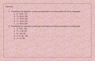 Ejercicios:

   1) Transformar los siguientes vectores que están dados en la forma polar a la forma rectangular:
         a. F = 40 N ; 25°
         b. F = 30 N; 120°
         c. F = 35 N; 180°
         d. F = 20 N; 335°
         e. F = 60 N; 250°
   2) Transformar los siguientes vectores que están dados en la forma rectangular a la forma polar:
         a. F = (20, - 40)
         b. F = (- 30, 25)
         c. F = (30, 20)
         d. F = (- 20, - 40)
         e. F = (0, 30)
 