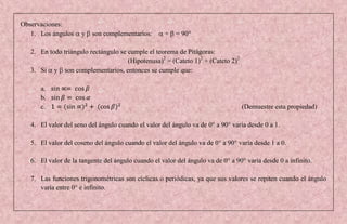 Observaciones:
   1. Los ángulos     y   son complementarios:       +   = 90°

   2. En todo triángulo rectángulo se cumple el teorema de Pitágoras:
                                      (Hipotenusa)2 = (Cateto 1)2 + (Cateto 2)2
   3. Si y son complementarios, entonces se cumple que:

      a.
      b.
      c.                                                                          (Demuestre esta propiedad)

   4. El valor del seno del ángulo cuando el valor del ángulo va de 0° a 90° varía desde 0 a 1.

   5. El valor del coseno del ángulo cuando el valor del ángulo va de 0° a 90° varía desde 1 a 0.

   6. El valor de la tangente del ángulo cuando el valor del ángulo va de 0° a 90° varía desde 0 a infinito.

   7. Las funciones trigonométricas son cíclicas o periódicas, ya que sus valores se repiten cuando el ángulo
      varía entre 0° e infinito.
 