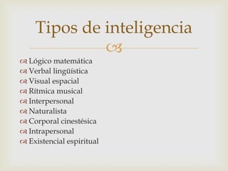 Tipos de inteligencia
             
 Lógico matemática
 Verbal lingüística
 Visual espacial
 Rítmica musical
 Interpersonal
 Naturalista
 Corporal cinestésica
 Intrapersonal
 Existencial espiritual
 