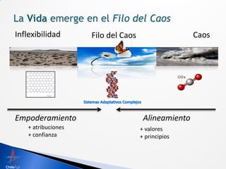 Inflexibilidad       Filo del Caos                   Caos




Empoderamiento                        Alineamiento
    + atribuciones                   + valores
    + confianza                      + principios
 