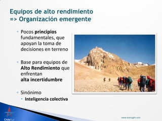 ◦ Pocos principios
  fundamentales, que
  apoyan la toma de
  decisiones en terreno

◦ Base para equipos de
  Alto Rendimiento que
  enfrentan
  alta incertidumbre

◦ Sinónimo
  Inteligencia colectiva


                            www.leansight.com
 