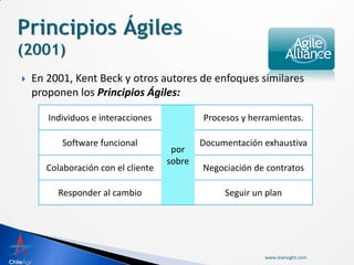    En 2001, Kent Beck y otros autores de enfoques similares
    proponen los Principios Ágiles:

       Individuos e interacciones            Procesos y herramientas.

           Software funcional                Documentación exhaustiva
                                      por
                                     sobre
       Colaboración con el cliente           Negociación de contratos

         Responder al cambio                      Seguir un plan




                                                           www.leansight.com
 