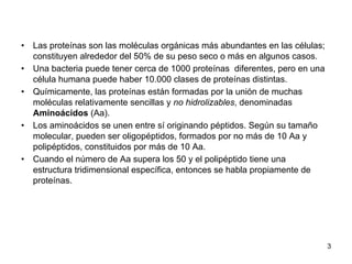 • Las proteínas son las moléculas orgánicas más abundantes en las células;
constituyen alrededor del 50% de su peso seco o más en algunos casos.
• Una bacteria puede tener cerca de 1000 proteínas diferentes, pero en una
célula humana puede haber 10.000 clases de proteínas distintas.
• Químicamente, las proteínas están formadas por la unión de muchas
moléculas relativamente sencillas y no hidrolizables, denominadas
Aminoácidos (Aa).
• Los aminoácidos se unen entre sí originando péptidos. Según su tamaño
molecular, pueden ser oligopéptidos, formados por no más de 10 Aa y
polipéptidos, constituidos por más de 10 Aa.
• Cuando el número de Aa supera los 50 y el polipéptido tiene una
estructura tridimensional específica, entonces se habla propiamente de
proteínas.
3
 