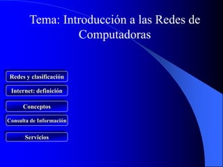 Tema: Introducción a las Redes de
                 Computadoras


Redes y clasificación

 Internet: definición

      Conceptos

Consulta de Información


      Servicios
 