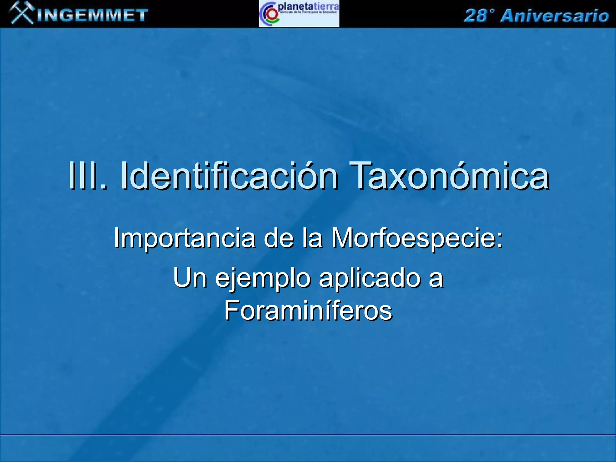 III. Identificación Taxonómica
         Importancia de la Morfoespecie:
             Un ejemplo aplicado a
                 Foraminíferos



XIII CONGRESO PERUANO DE GEOLOGÍA
 