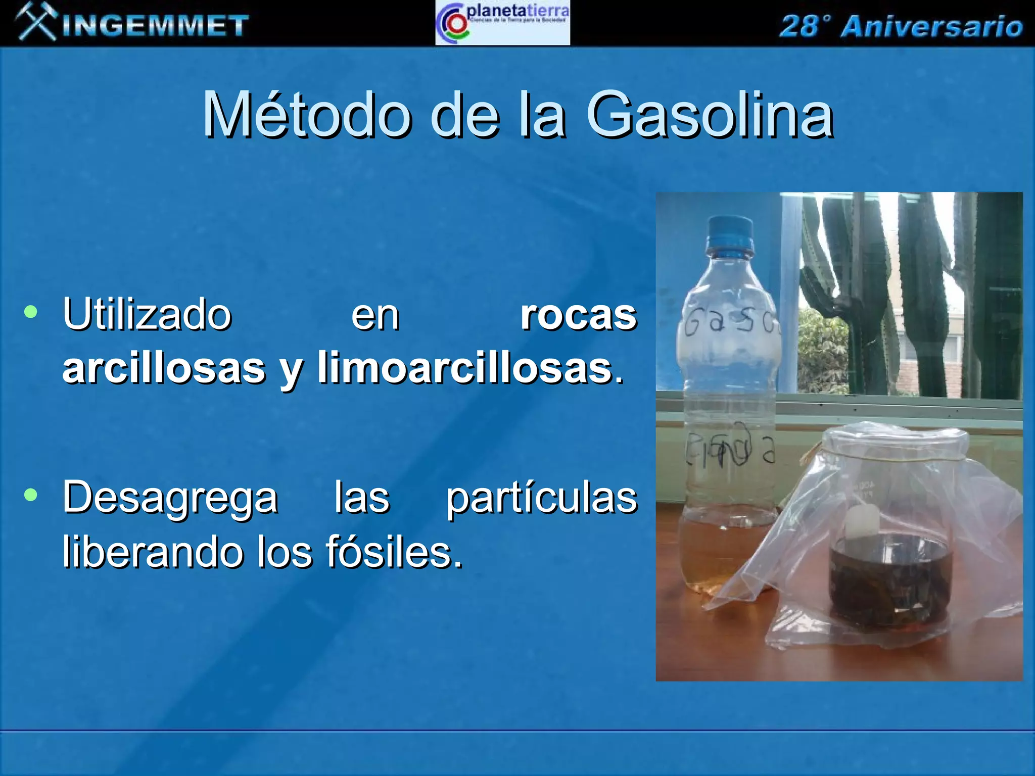 Método de la Gasolina

•   Utilizado      en      rocas
    arcillosas y limoarcillosas.

•   Desagrega las partículas
    liberando los fósiles.



    XIII CONGRESO PERUANO DE GEOLOGÍA
 