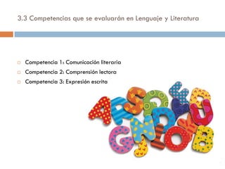 3.3 Competencias que se evaluarán en Lenguaje y Literatura




   Competencia 1: Comunicación literaria
   Competencia 2: Comprensión lectora
   Competencia 3: Expresión escrita
 
