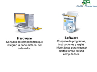 SoftwareConjunto de programas, instrucciones y reglas informáticas para ejecutar ciertas tareas en una computadora.HardwareConjunto de componentes que integran la parte material del ordenador.