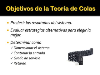 Objetivos de la Teoría de ColasPredecir los resultados del sistema.Evaluar estrategias alternativas para elegir la mejor.Determinar cómo Dimensionar el sistema