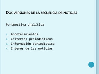 DOS VERSIONES DE LA SECUENCIA DE NOTICIAS

Perspectiva analítica

1.   Acontecimientos
2.   Criterios periodísticos
3.   I...