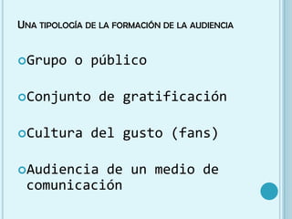 UNA TIPOLOGÍA DE LA FORMACIÓN DE LA AUDIENCIA


Grupo     o público

Conjunto       de gratificación

Cultura       del...